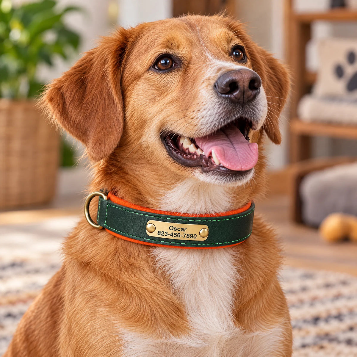 Ormollo™ Personalised Leather Dog Collar with Engraved ID Plate