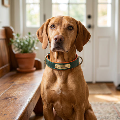 Ormollo™ Personalised Leather Dog Collar with Engraved ID Plate