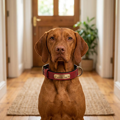 Ormollo™ Personalised Leather Dog Collar with Engraved ID Plate