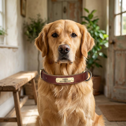 Ormollo™ Personalised Leather Dog Collar with Engraved ID Plate