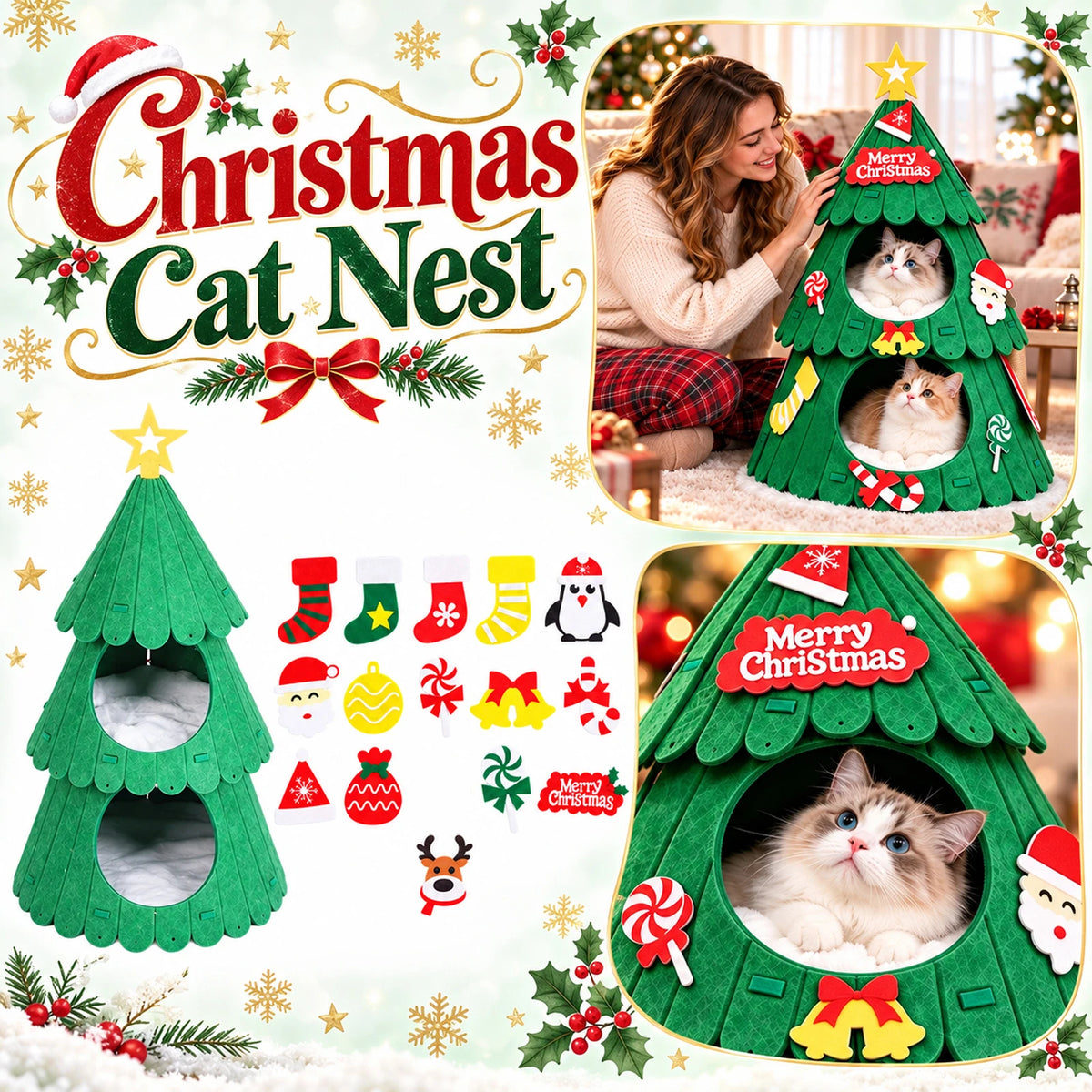 Ormollo™ Christmas Tree Cat Cave Bed with Ornaments