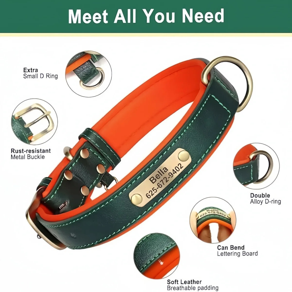 Ormollo™ Personalised Leather Dog Collar with Engraved ID Plate