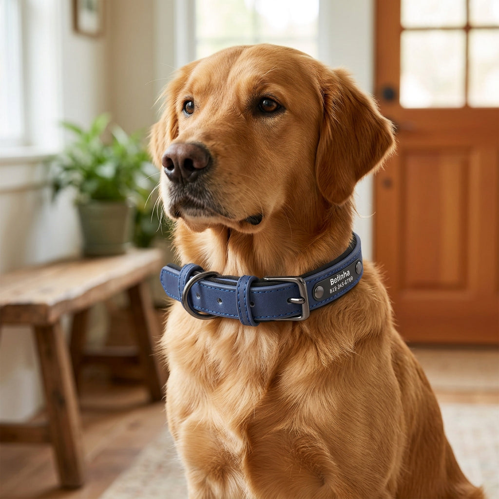Ormollo™ Personalised Leather Dog Collar with Engraved ID Plate