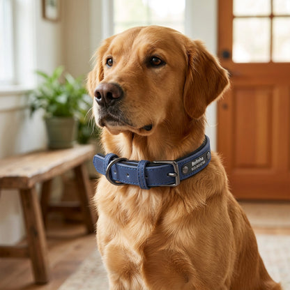 Ormollo™ Personalised Leather Dog Collar with Engraved ID Plate