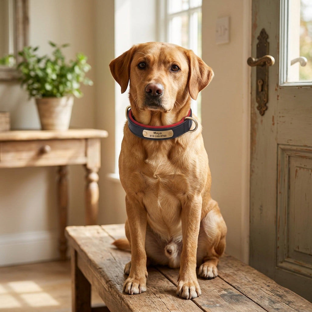 Ormollo™ Personalised Leather Dog Collar with Engraved ID Plate