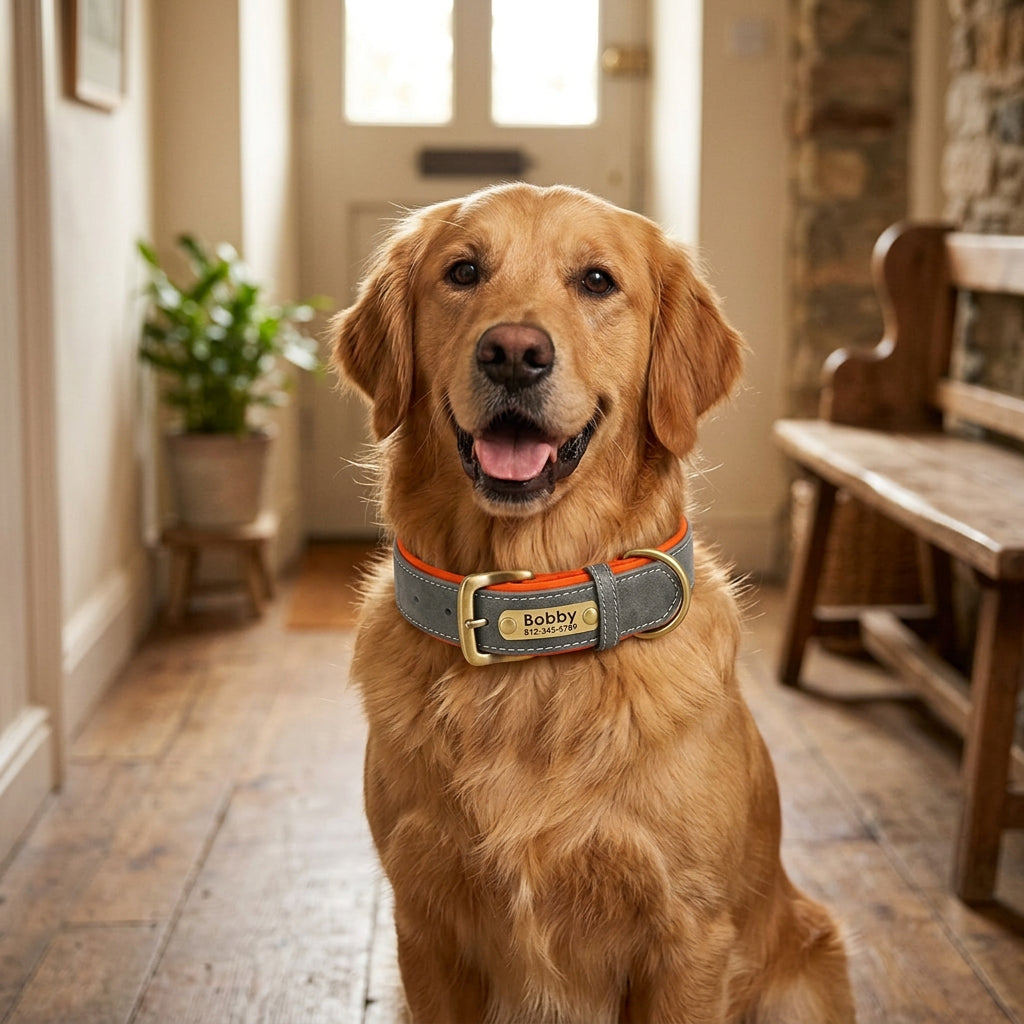 Ormollo™ Personalised Leather Dog Collar with Engraved ID Plate