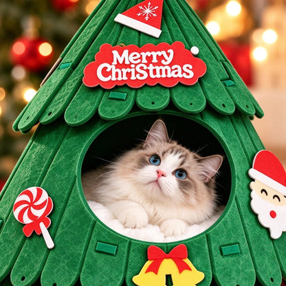 Ormollo™ Christmas Tree Cat Cave Bed with Ornaments