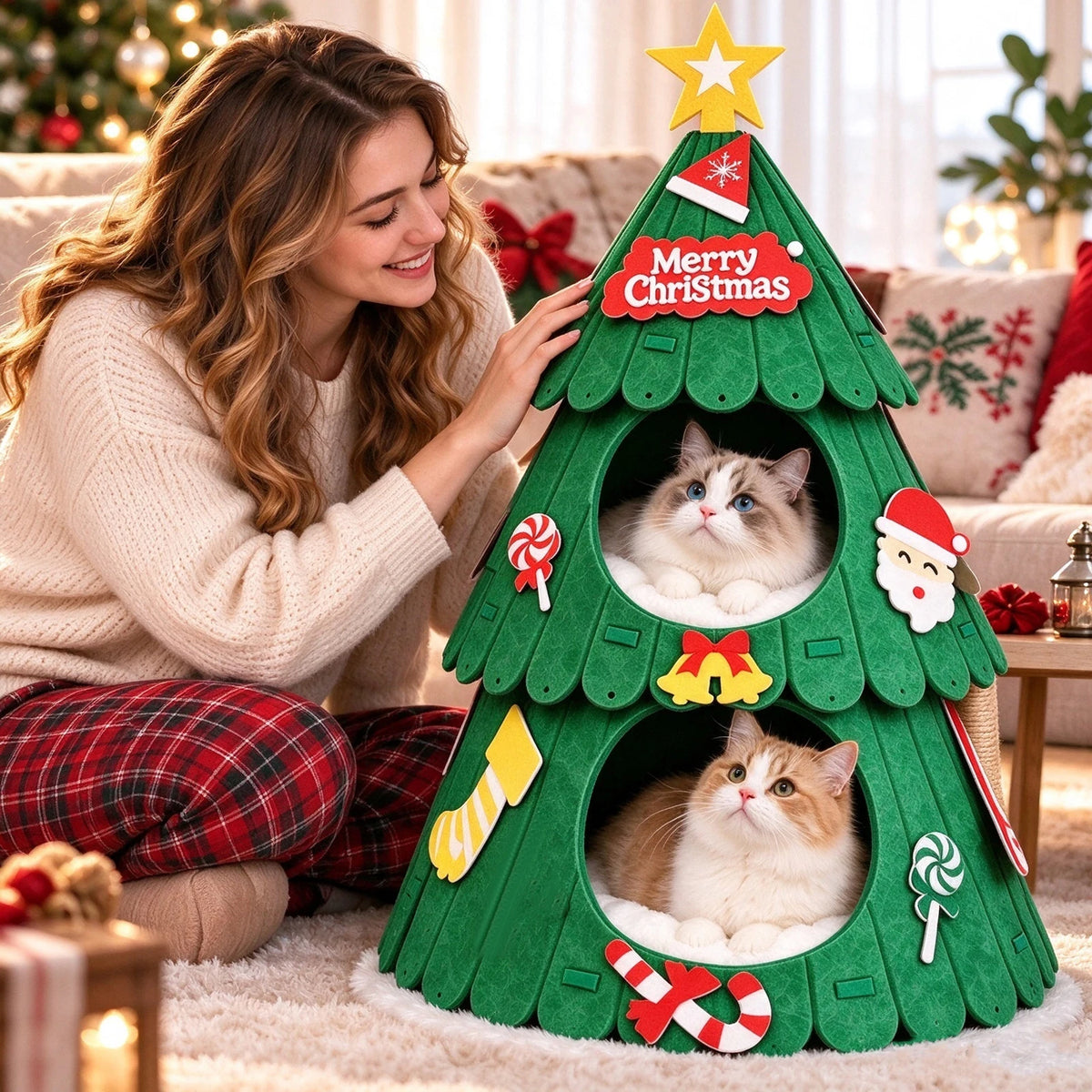 Ormollo™ Christmas Tree Cat Cave Bed with Ornaments